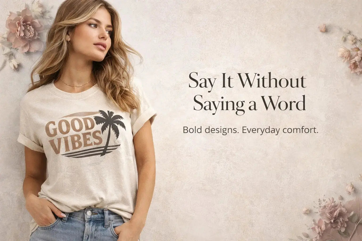 Womens Graphic T-Shirts featuring a model in a beige tee with 'Good Vibes' print and palm tree design for stylish comfort.