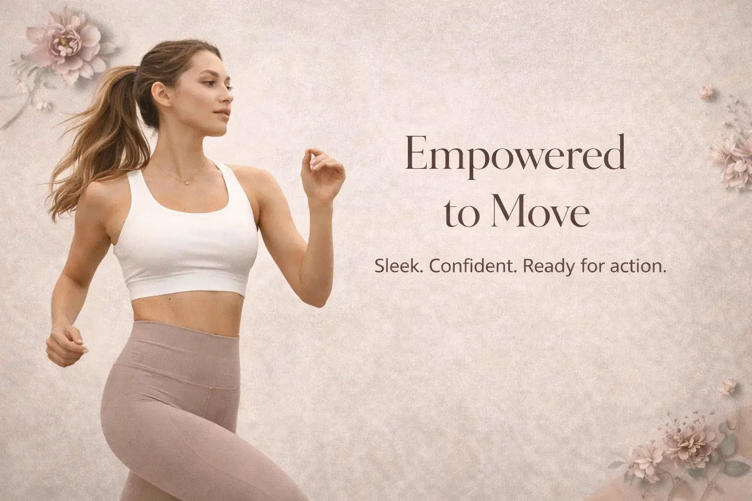 Womens Athletic Wear model demonstrating sleek and confident activewear style while running.