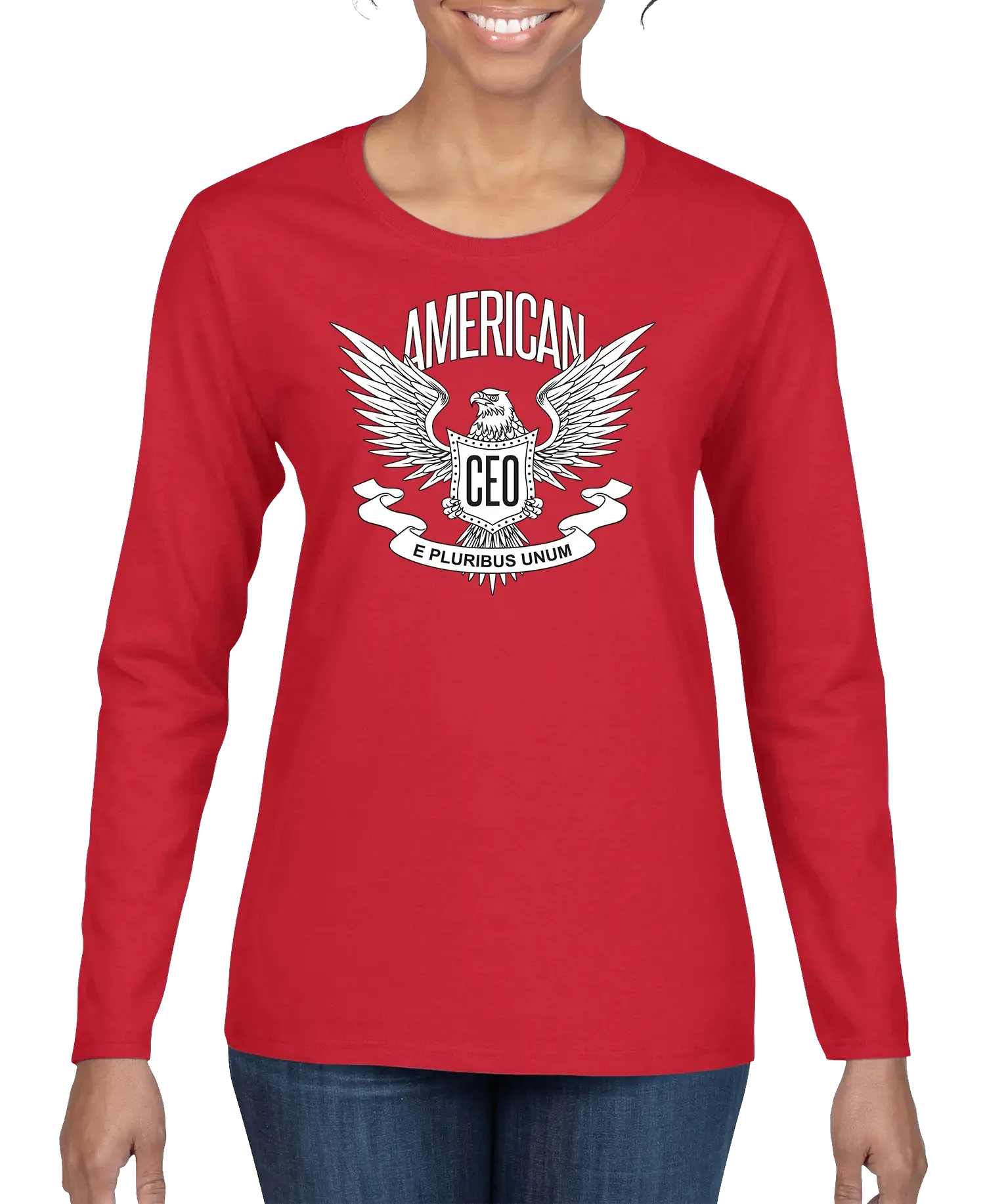 Womens Long Sleeve red T-shirt with American CEO graphic, featuring eagle design for stylish everyday wear.