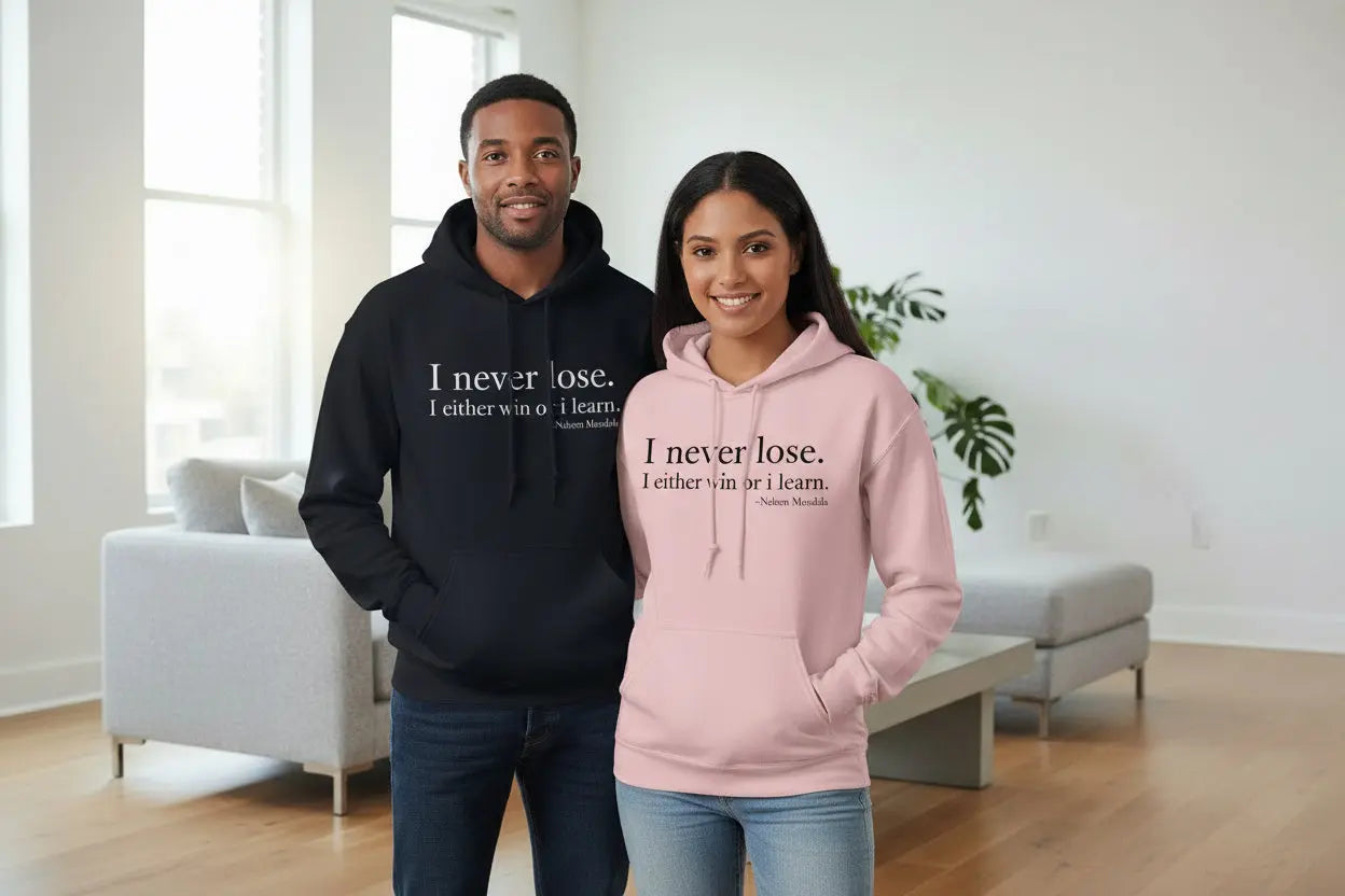Nelson Mandela I Never Lose hoodie worn by two models, showcasing the inspirational quote in a modern living room.